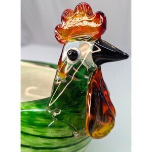 Vintage Murano Style Art Glass Chicken/Rooster Dish Green Orange and Black